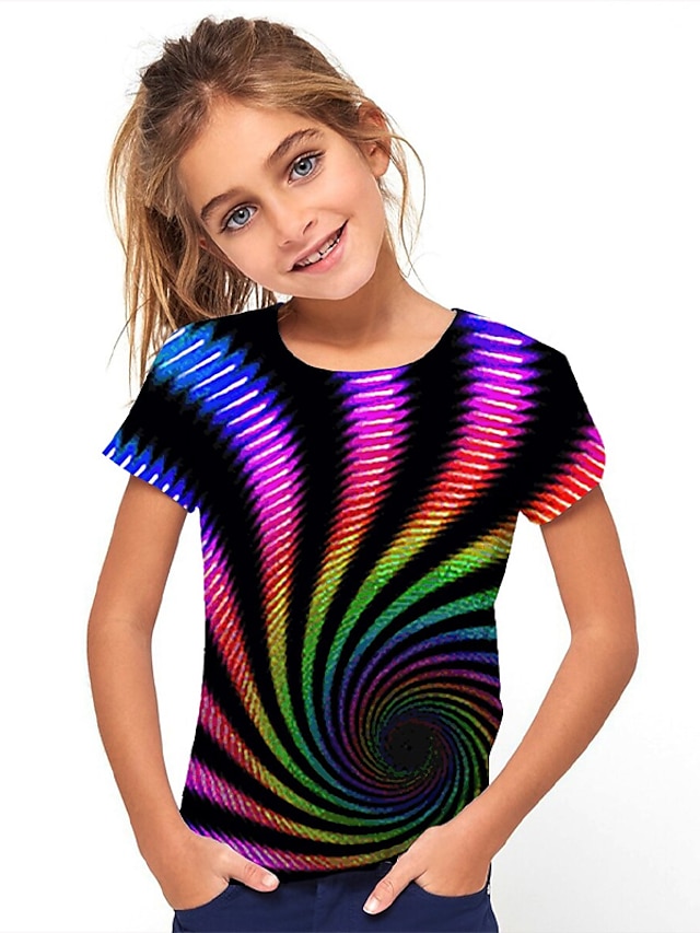  Girls' 3D Color Block Optical Illusion T shirt Short Sleeve 3D Print Summer Spring Sports Streetwear Basic Polyester Kids 5 years+ Outdoor Daily