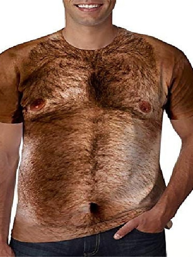  Hairy Chest Mens 3D Shirt For Party | Brown Summer Cotton | Men'S Tee Hary Belly Graphic Orangutan Round Neck Camel 3D Print Plus Size Daily Vacation Short Sleeve Fashion Clothing Apparel