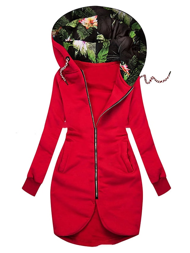  Women's Jacket Hoodied Jacket Winter Sport Daily Long Coat Warm Regular Fit Casual Streetwear St. Patrick's Day Jacket Long Sleeve Drawstring Pocket Trees / Leaves Solid Color Green Red Navy Blue