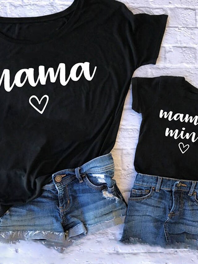  Mama und ich Valentinstag T-Shirt Oberteile Normal Herz Buchstabe Bedruckt Weiß Schwarz Kurzarm Alltag Passende Outfits / Sommer