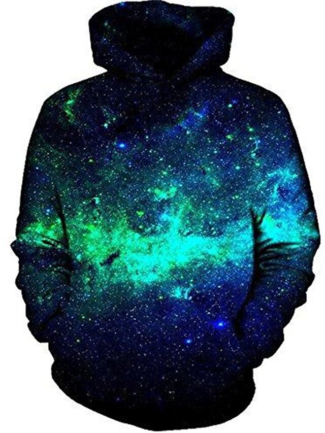 Bunter Galaxie-Hoodie für Herren, grafisches grünes Pullover-Sweatshirt, täglich, lässig, 3D-Druck, Kängurutasche, Premium, alle Hoodies aus blauer Baumwolle