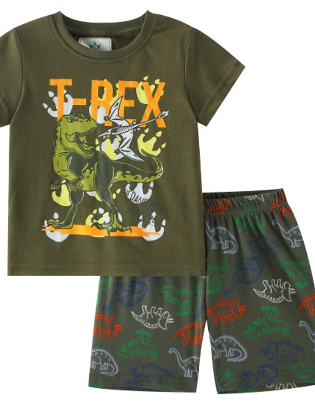  Kids Boys T-shirt & Shorts Clothing Set Short Sleeve 2 Pieces Army Green Print Dinosaur Letter Animal Indoor Outdoor Cotton Regular Casual Daily 2-8 Years / Spring / Summer