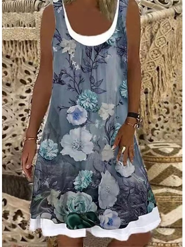  Damen Knielanges Kleid Etuikleid Khaki Leicht Blau Ärmellos gefälschtes zweiteiliges Blumen Bedruckt U-Ausschnitt Frühling Sommer Alltag Klassisch 2022 S M L XL XXL 3XL
