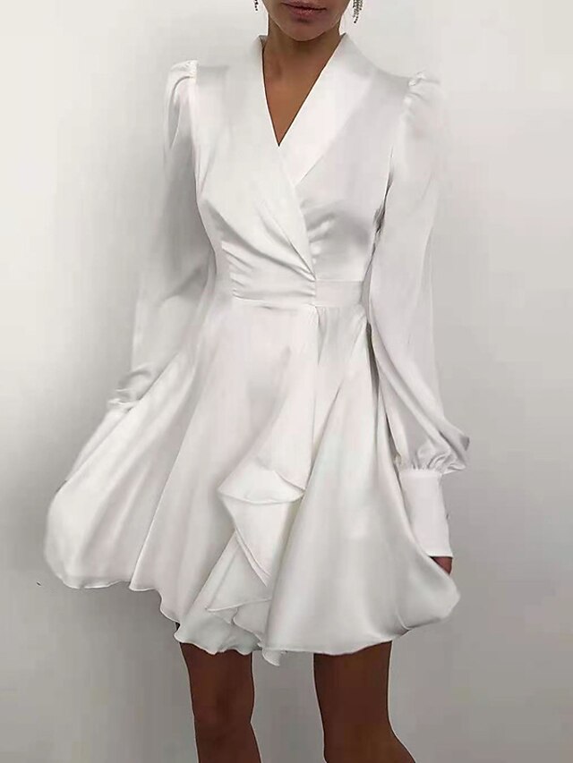  Mujer Mini vestido corto Vestido de raso Vestido de una línea Blanco Negro Rosa Manga Larga Frunce Color puro Escote en Pico Otoño Invierno Elegante Vacaciones Moderno 2022 S M L XL XXL