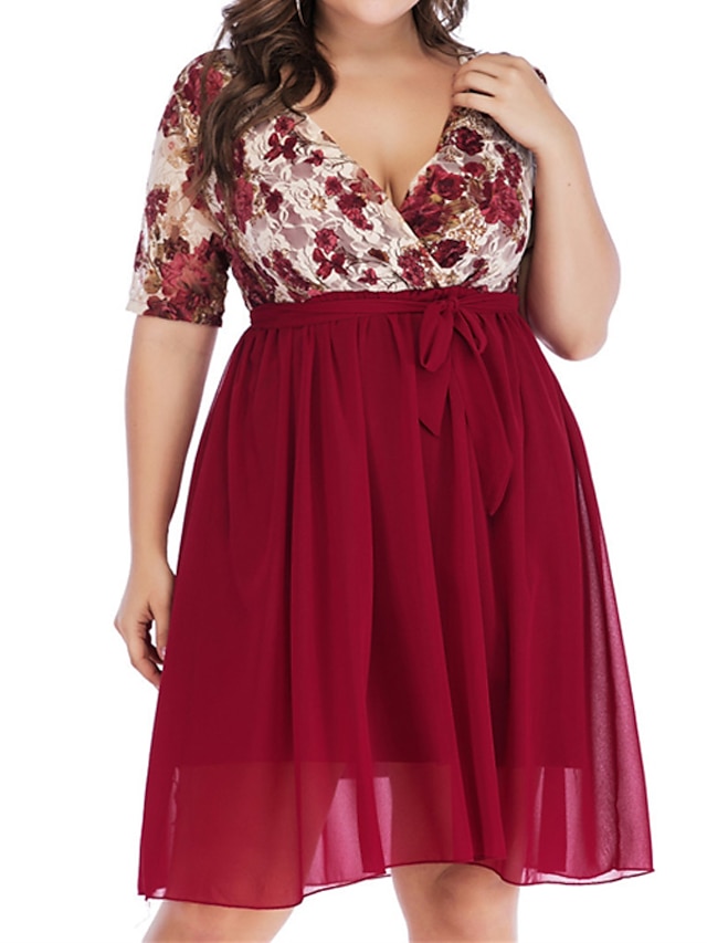  Women's Plus Size Floral A Line Dress Mesh V Neck Half Sleeve Casual Valentine's Day Prom Dress Spring Summer Causal Daily Knee Length Dress Dress / Party Dress / Print