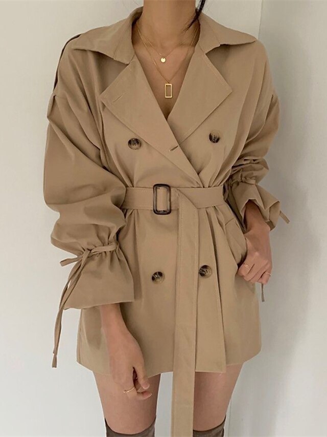  Women's Trench Coat Lace up Pocket Regular Coat Black Khaki Street Casual Double Breasted Spring Turndown Regular Fit One-Size