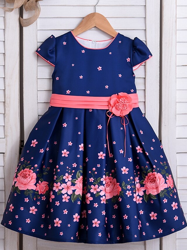  Kids Little Girls' Dress Floral Graphic Patterned Party A Line Dress Ruched Print Pink Dusty Blue Midi Short Sleeve Princess Cute Dresses Fall Summer Regular Fit 2-8 Years