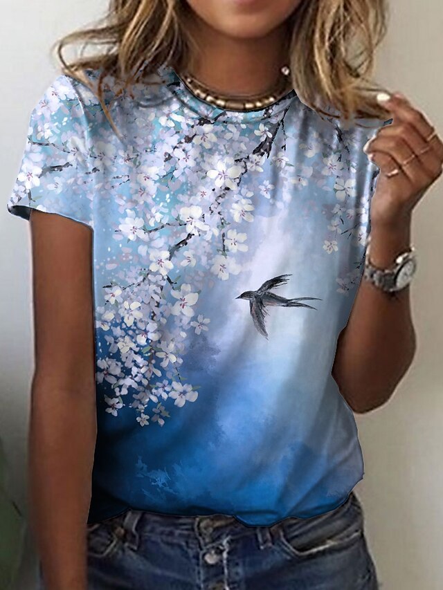  Women's T shirt Tee Yellow Pink Blue Print Floral Bird Casual Holiday Short Sleeve Round Neck Basic Regular Floral Painting S