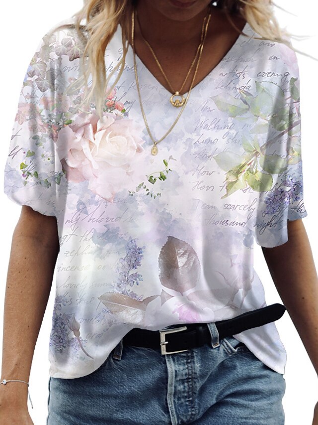  Damen T Shirt Blumen 3D Tier Casual Festtage Wochenende Blume Abstrakt 3D Kurzarm T Shirt V Ausschnitt Bedruckt Basic Grün Grau Rosa S / 3D-Druck