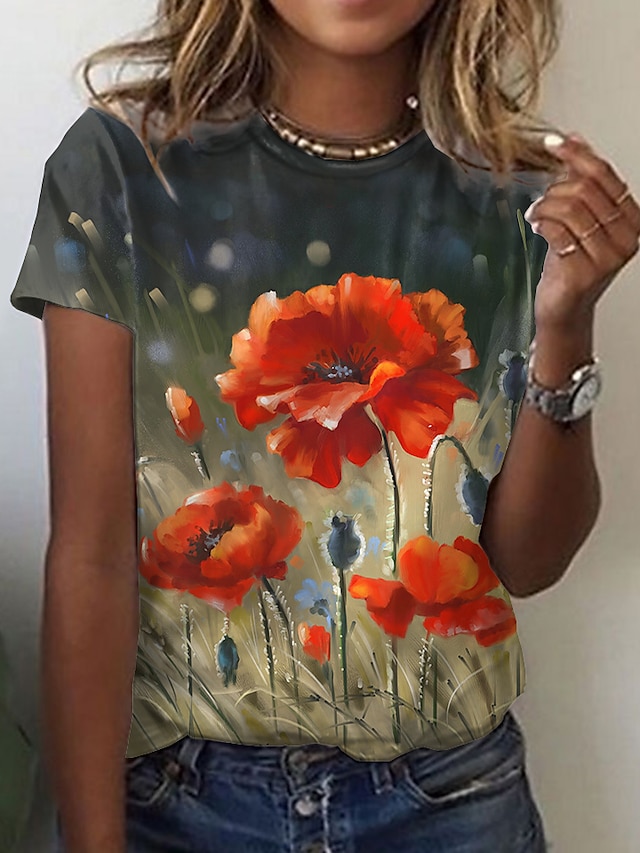  Dame Blomstret 3D Afslappet Ferie Weekend Blomster Tema Maleri Kortærmet T-shirt Rund hals Trykt mønster Basale Toppe Blå Gul Rød S / 3D-udskrivning