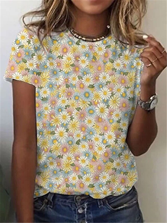  Dame T-shirt Gul Blomstret Planter Afslappet Daglig Kortærmet Rund hals Basale Normal Blomster Tema S