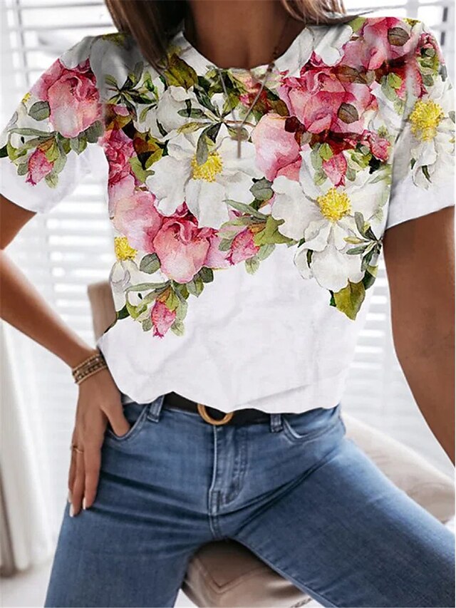  Dame Blomstret Planter Afslappet Daglig Blomster Tema Kortærmet T-shirt Rund hals Basale Toppe Hvid S / 3D-udskrivning