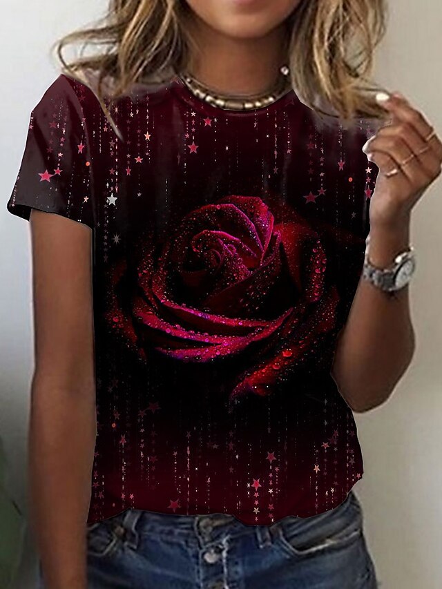  Dame 3D Rose Afslappet Ferie Valentinsdag Blomster Tema 3D Valentins Dag Kortærmet T-shirt Rund hals Trykt mønster Basale Valentins Dag Toppe Grøn Blå Lilla S / 3D-udskrivning