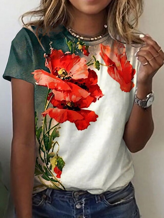  Women's T shirt Tee Floral Graphic Casual Holiday Weekend White Print Short Sleeve Vintage Basic Round Neck Regular Fit
