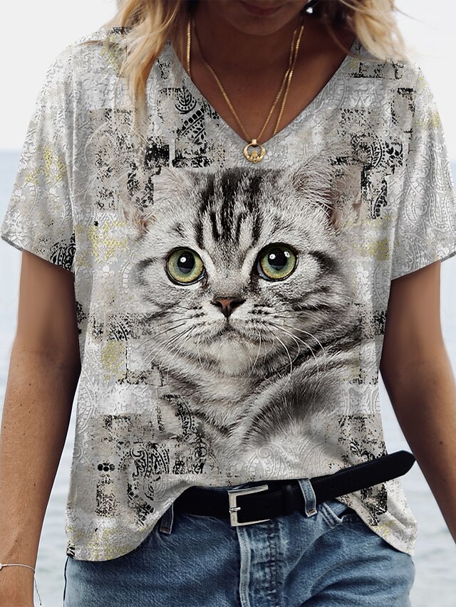  Dame Afslappet Weekend T-shirt 3D kat Maleri Kortærmet Kat 3D V-hals Trykt mønster Basale Toppe Grå S / 3D-udskrivning