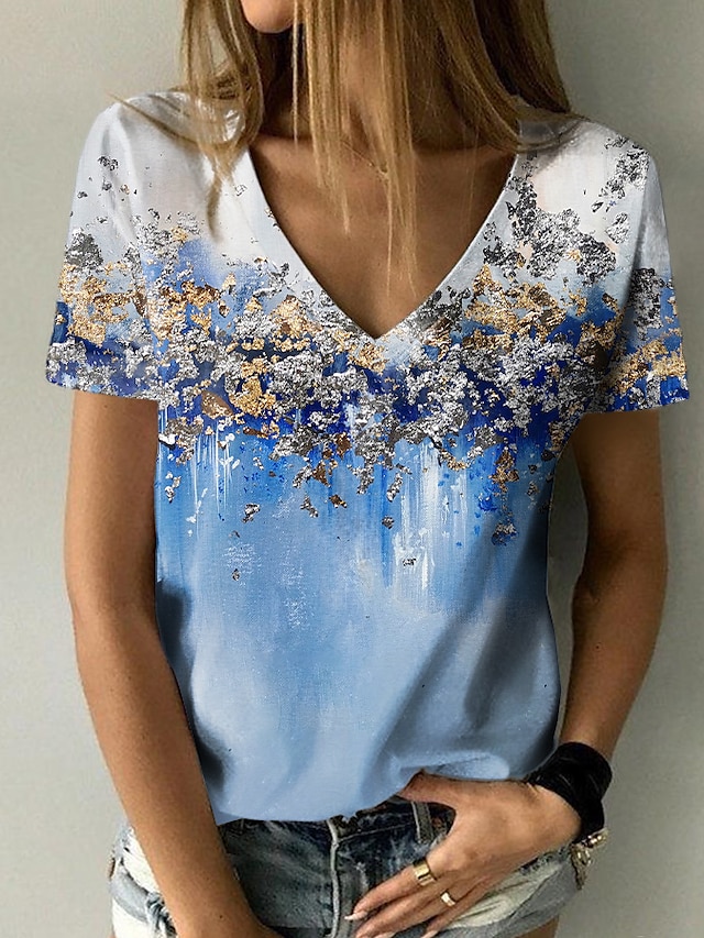  Damen T Shirt Blumen Casual Festtage Wochenende Blume Farbe Kurzarm T Shirt V Ausschnitt Bedruckt Basic Grün Blau Purpur S / 3D-Druck