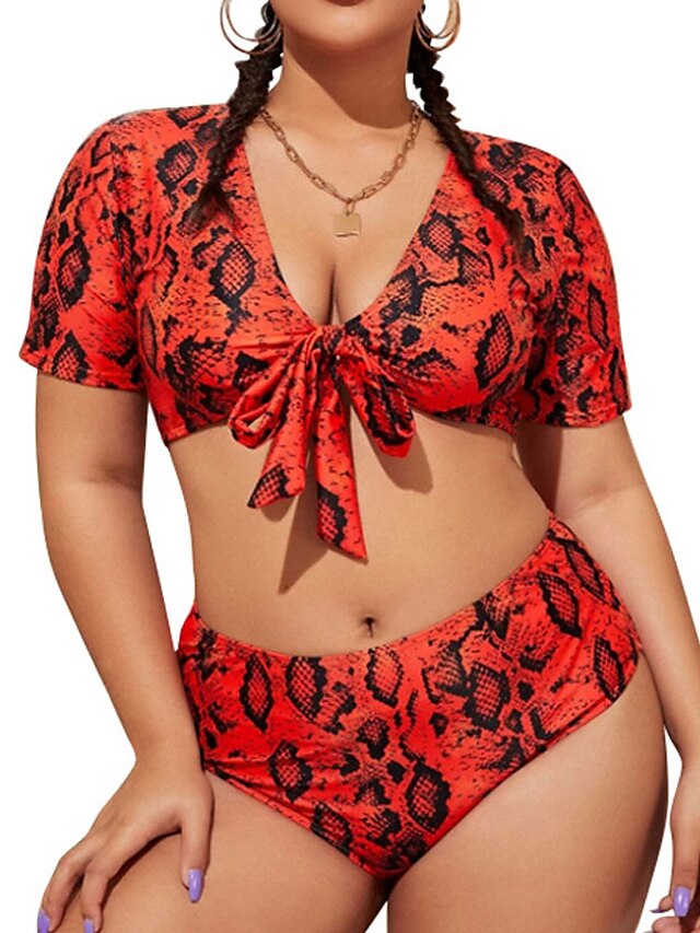  Women's Swimwear Bikini 2 Piece Plus Size Swimsuit Snake Skin Pattern Ribbon bow 2 Piece Printing for Big Busts Hole Red V Wire Padded Bathing Suits Stylish Vacation New / Sexy / Modern / Padded Bras