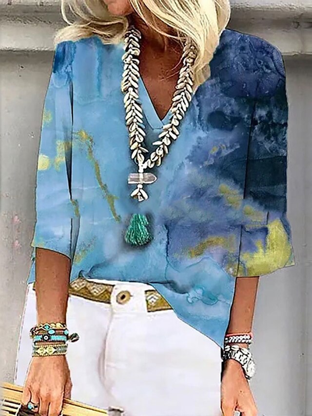  Damen Bluse T Shirt V-Ausschnitt Bedruckt Täglich Modern Batik V Ausschnitt Frühling & Herbst Regulär Blau Purpur Gelb Leicht Blau