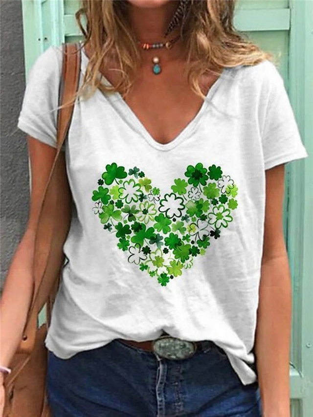  Dame Afslappet Daglig T-shirt Glædelig St Patrick's Day Kortærmet Hjerte V-hals Basale Toppe Hvid S / 3D-udskrivning