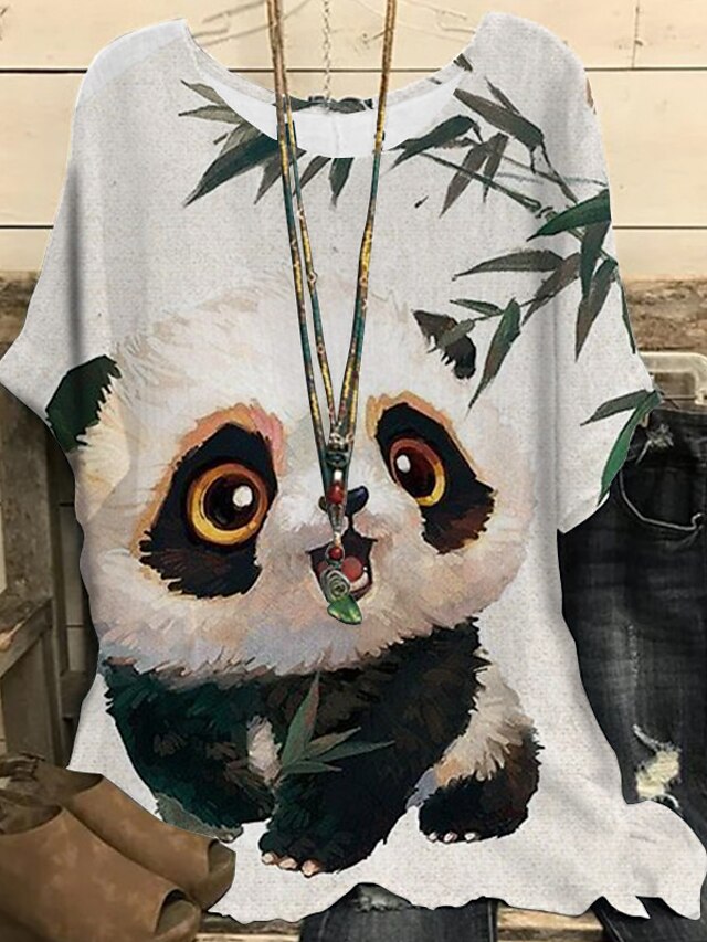  Women's Plus Size Tops Blouse Shirt Panda Animal Half Sleeve Print Vintage Streetwear Crewneck Cotton Spandex Jersey Daily Sports Spring Summer White