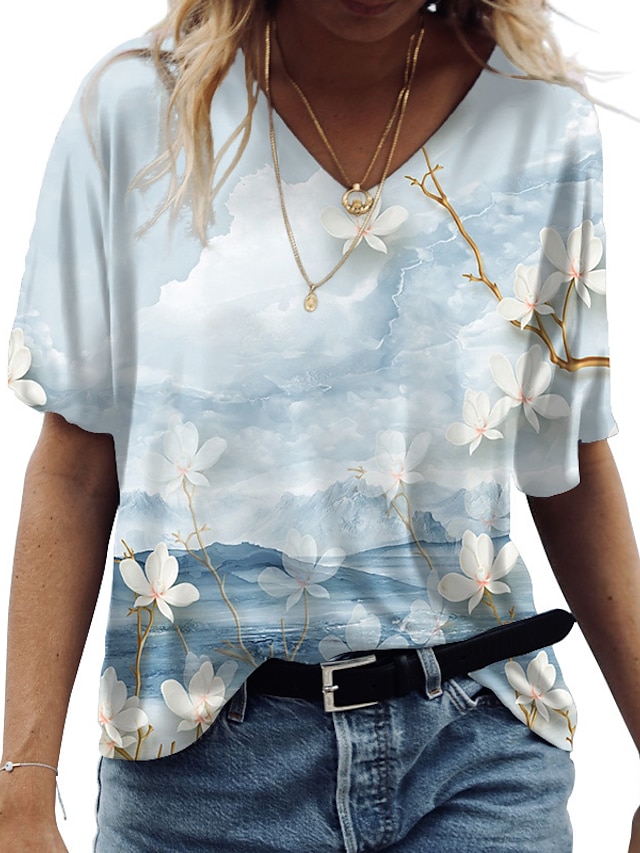  Women's T shirt Tee Floral 3D Bird Casual Holiday Weekend Floral Abstract 3D Printed Short Sleeve T shirt Tee V Neck Print Basic Essential White Blue Gray S