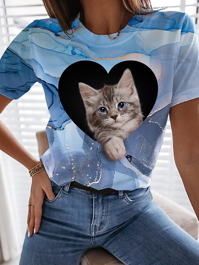  Dame T skjorte Blå Trykt mønster Katt Hjerte Avslappet Helg Kortermet Rund hals Grunnleggende Normal 3D Cat Maling S