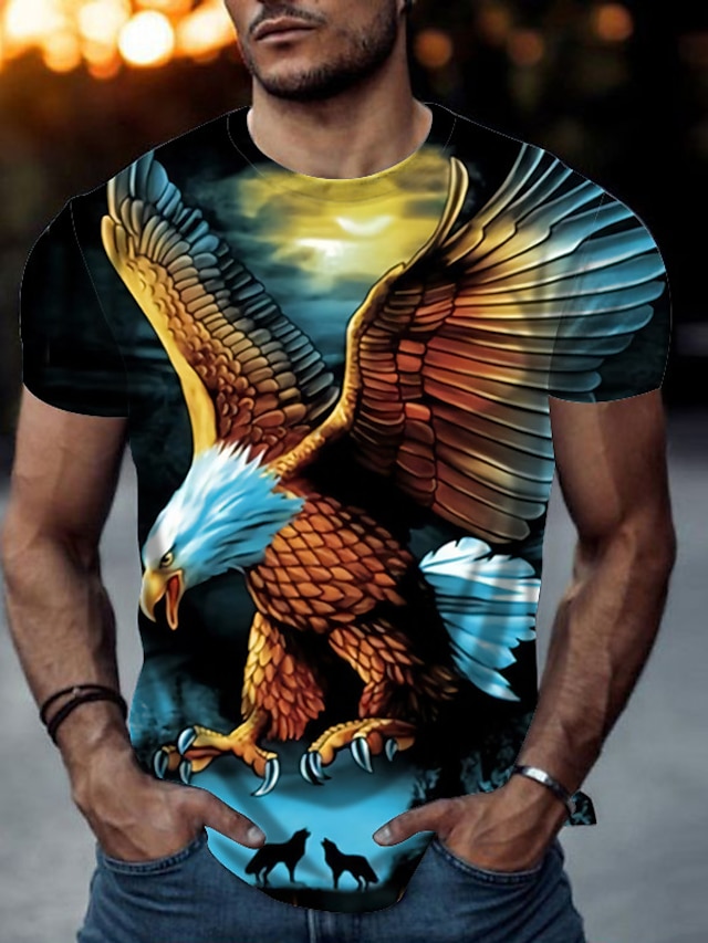  Men's Blue Eagle Print Casual T Shirt