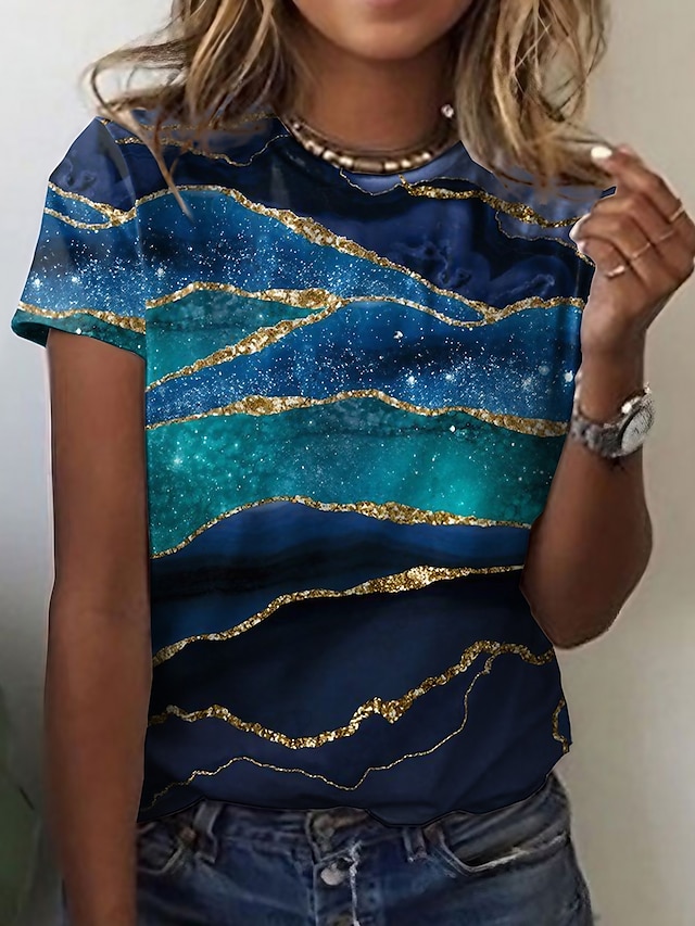  Per donna maglietta Pop art Fantasia geometrica Informale Fine settimana Blu Stampa Manica corta Essenziale Rotonda Standard