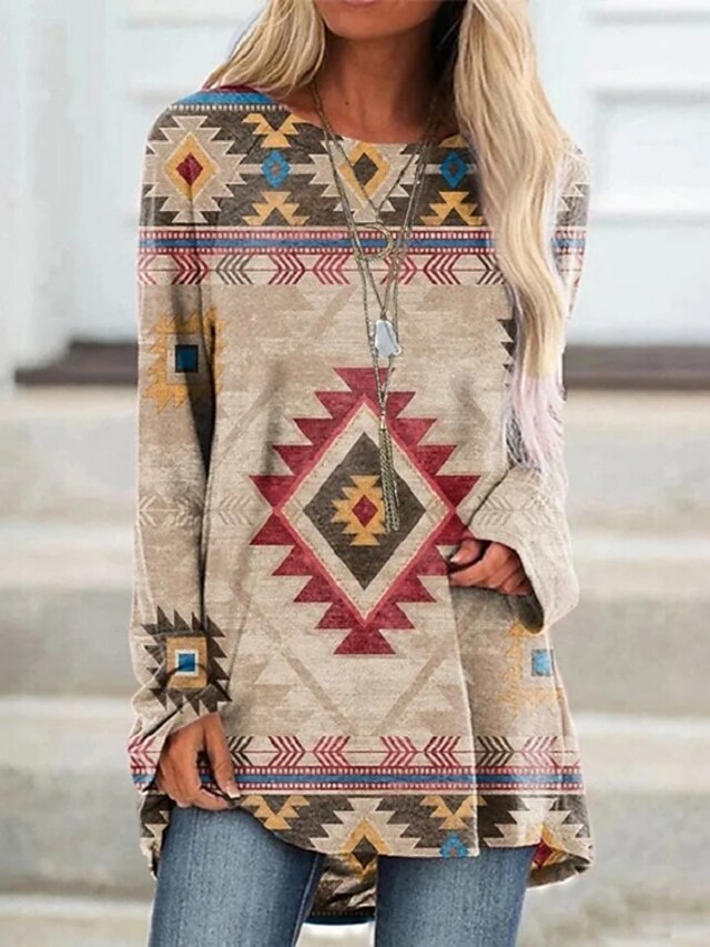  Women's Plaid Geometric Tribal Casual Daily Going out Bohemian Theme Geometric Long Sleeve T shirt Tee Round Neck Print Ethnic Vintage Boho Tops Khaki S / 3D Print
