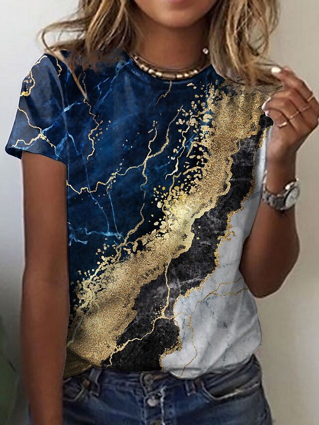  Women's T shirt Tee Blue Print Graphic Geometric Casual Weekend Short Sleeve Round Neck Basic Regular Abstract Painting S