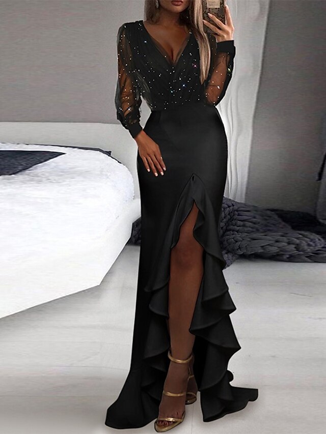  Women's Maxi long Dress Party Dress Black Long Sleeve Split Ruffle Pure Color V Neck Fall Winter Party Party Stylish Sexy 2022 S M L XL