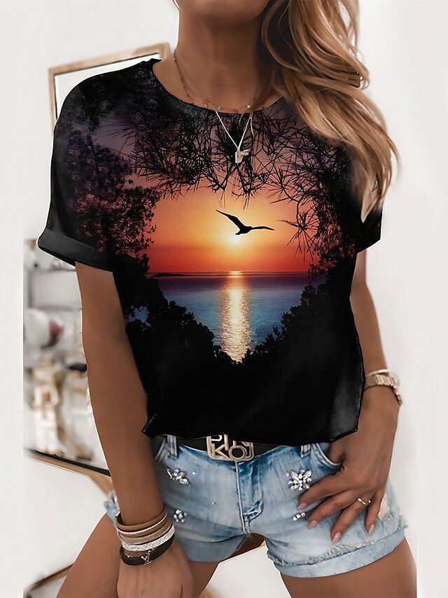  Women's T shirt Tee Scenery 3D Black Print Short Sleeve Casual Holiday Weekend Basic Round Neck Regular Fit