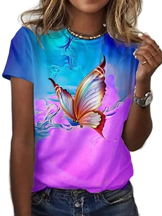  Damen Schmetterling Casual Festtage Wochenende Abstrakt Schmetterling Farbe Kurzarm T Shirt Rundhalsausschnitt Bedruckt Basic Oberteile Grün Grau Purpur S / 3D-Druck