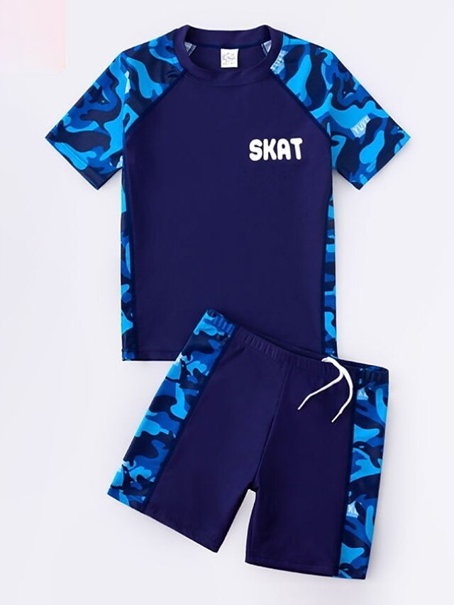  Kids Boys Two Piece Swimwear Swimsuit Drawstring Patchwork Swimwear Short Sleeves Print Color Block Dusty Blue Active Outdoor Beach Bathing Suits 4-13 Years / Spring / Summer
