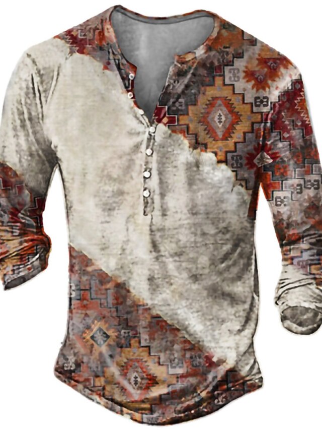  Mens Graphic Shirt Henley Patterned Button Down Long Sleeve Gray Khaki Brown Street Casual Print Tops Basic Classic Big And Tall Plus Size Vintage Geometric Ethnic Grey Unanswerable Cotton B