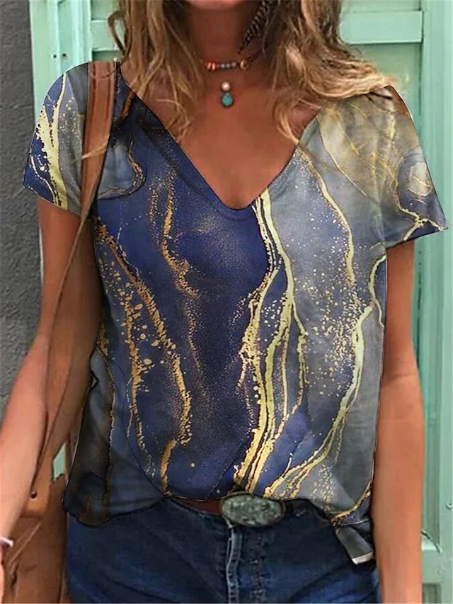  Damen T Shirt Graphic Geometrisch Casual Täglich Blau Kurzarm Basic V Ausschnitt