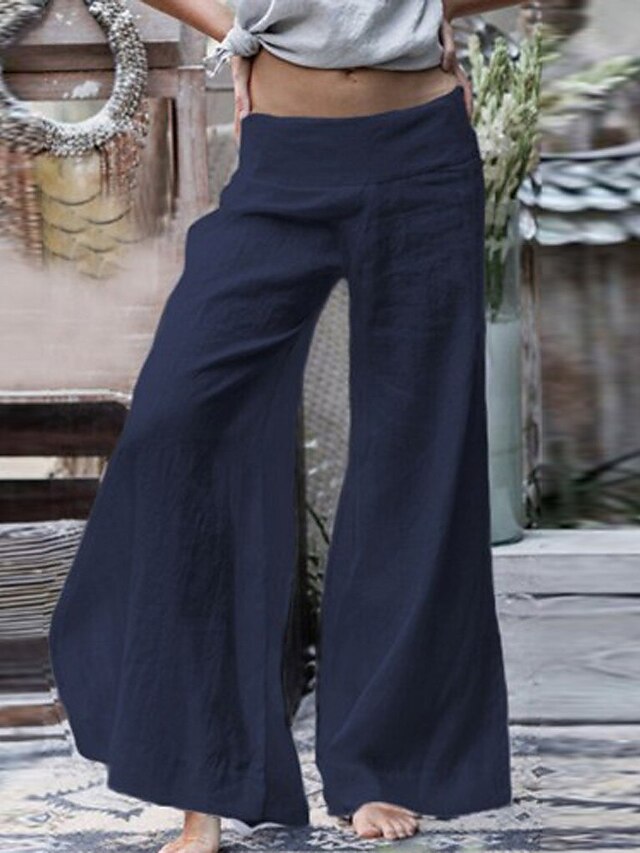  Women's Wide Leg Pants Trousers Bell Bottom Blue White Black Basic Chic & Modern Mid Waist Ankle-Length Solid Colored Lightweight S M L XL XXL / Loose Fit