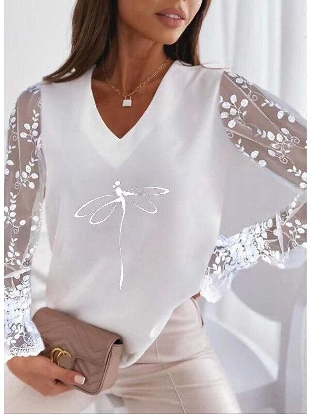  Damen T Shirt Silber Perle Weiß Patchwork Bedruckt Tier Casual Wochenende Langarm V Ausschnitt Basic Standard Übergröße Farbe S