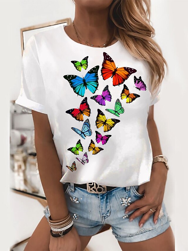  Damen T Shirt Schwarz Weiß Bedruckt Schmetterling Casual Wochenende Kurzarm Rundhalsausschnitt Basic Standard Schmetterling Farbe S