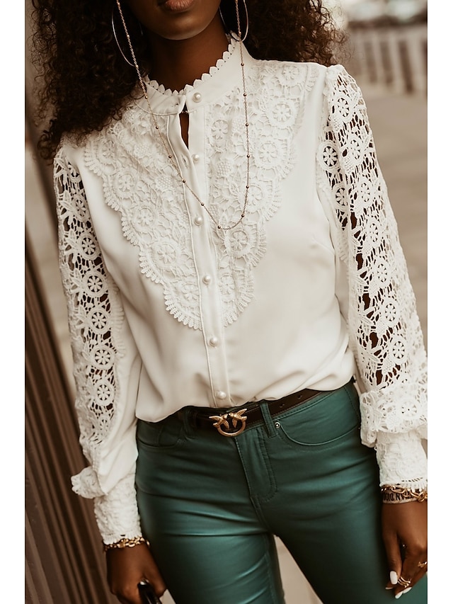  Women's Plain Daily Weekend Long Sleeve Blouse Shirt Standing Collar Cut Out Lace Button Casual Tops White S