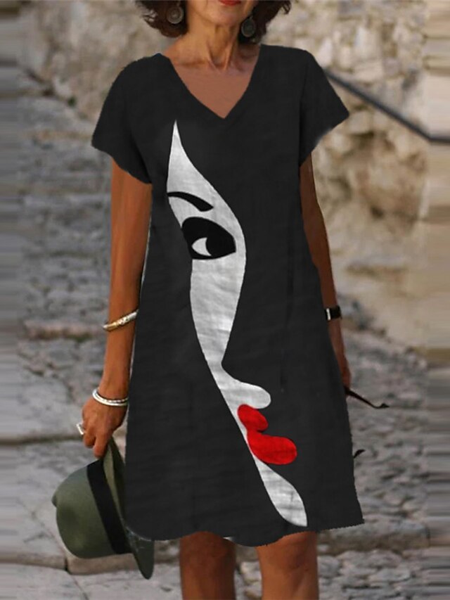  Femme Robe Longueur Genou Robe Droite Noir Manches Courtes Imprimer Abstrait Col en V Printemps Eté à la mode Décontractée Moderne 2022 Ample S M L XL XXL 3XL