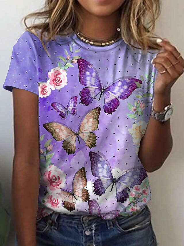  Damen Blumen Schmetterling Casual Festtage Wochenende Blume Schmetterling Farbe Kurzarm T Shirt Rundhalsausschnitt Bedruckt Basic Oberteile Grün Blau Purpur S / 3D-Druck
