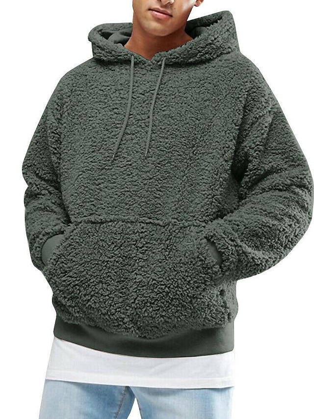  mænd bamse hættejakke fuzzy sherpa pullover hættetrøje fleece sweatshirts kænguru lomme outwear militær grøn s