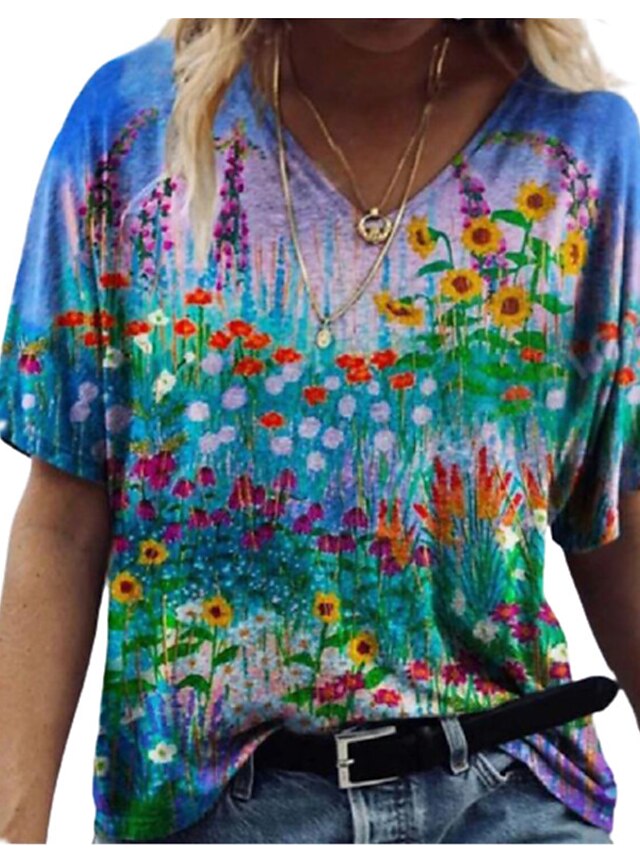  Dame Blomstret Afslappet Ferie Weekend Blomster Tema Abstrakt Maleri Kortærmet T-shirt V-hals Trykt mønster Basale Toppe Grøn Blå Gul S / 3D-udskrivning