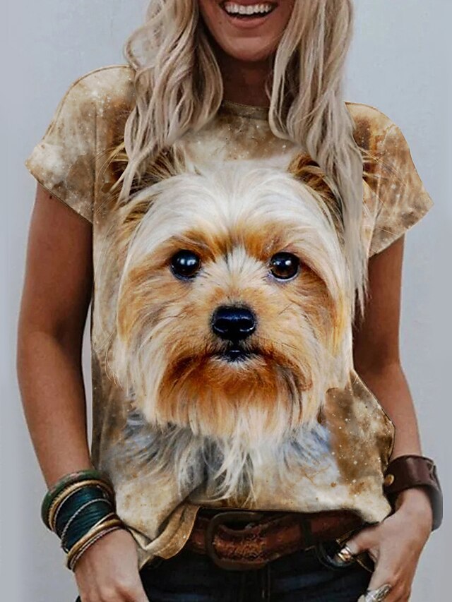  Damen T Shirt Hund 3D Bedruckt Casual Wochenende Basic Kurzarm Rundhalsausschnitt Braun