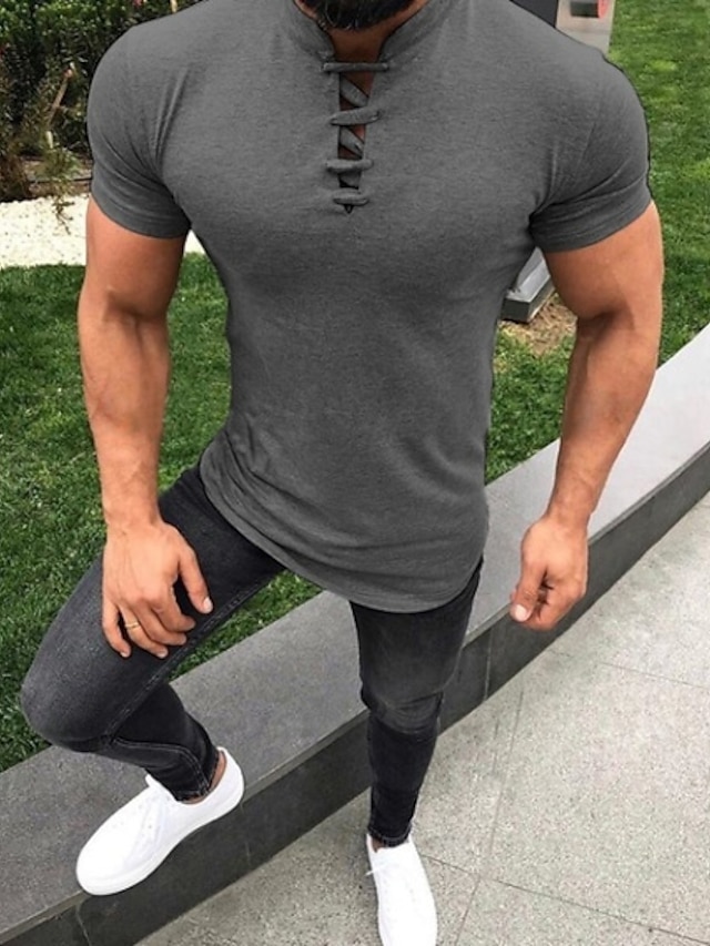  men‘s short-sleeved solid color st-up collar keyhole t-shirt hot style 701 multi-color multi-code