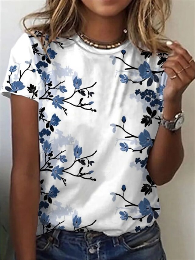  Women's T shirt Tee Floral Blue Green Rose Pink Patchwork Print Short Sleeve Casual Daily Basic Round Neck Regular Fit