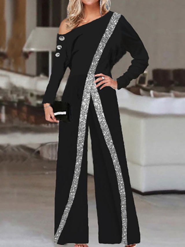  Women's Jumpsuit Striped Print Elegant One Shoulder Party Vacation Long Sleeve Regular Fit White Black S M L Spring