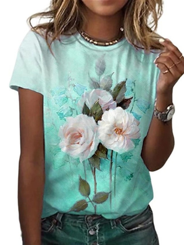  Dame T-shirt Blomstret Afslappet Ferie Weekend Blomster Tema Maleri Kortærmet T-shirt Rund hals Trykt mønster Basale Grøn Blå Lilla S / 3D-udskrivning