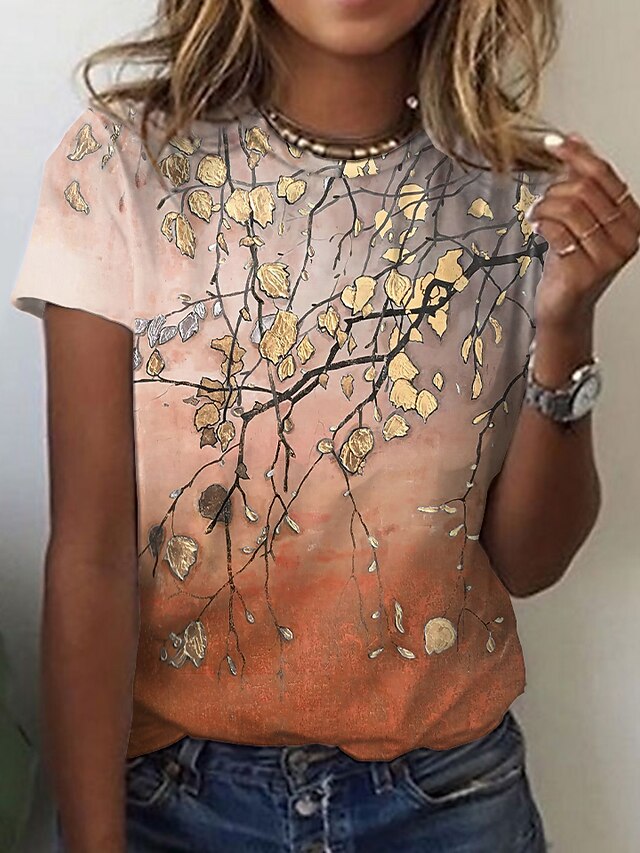  Dame T-shirt Blomstret Afslappet Ferie Weekend Blå Lilla Orange Trykt mønster Kortærmet Basale Rund hals Regulær